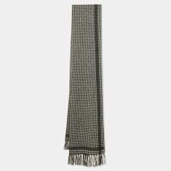 Saint Laurent Monochrome Houndstooth Wool Fringed Scarf