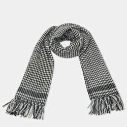 Saint Laurent Monochrome Houndstooth Wool Fringed Scarf