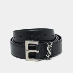 Pre Owned Saint Laurent Black Leather Cassandre Buckle Belt 95 CM
