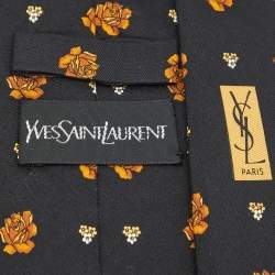 Pre Owned Yves Saint Laurent Black Floral Print Silk Traditional Tie