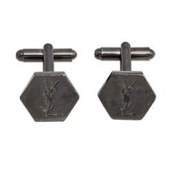 Pre Owned Yves Saint Laurent Gunmetal Tone Monogram Hexagon Cufflinks