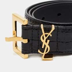 Saint Laurent Black Croc Embossed Glossy Leather Monogram Buckle Belt 80CM