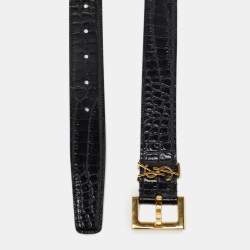 Saint Laurent Black Croc Embossed Glossy Leather Monogram Buckle Belt 80CM