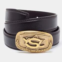 Saint Laurent Black Leather Logo Plague Belt 85CM