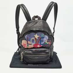 Saint Laurent Black Leather and Canvas Mini Love Appliqué City Backpack