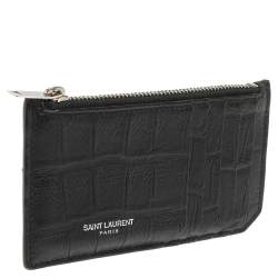 مملوكة مسبقًا Saint Laurent Paris Black Croc Embossed Leather Zip Card Holder 