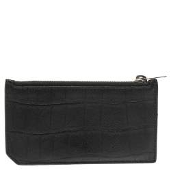 مملوكة مسبقًا Saint Laurent Paris Black Croc Embossed Leather Zip Card Holder 