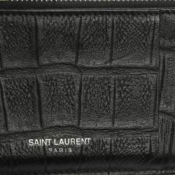 مملوكة مسبقًا Saint Laurent Paris Black Croc Embossed Leather Zip Card Holder 