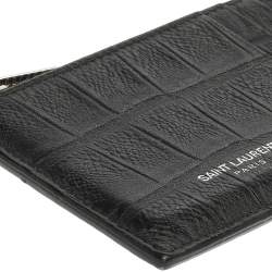 مملوكة مسبقًا Saint Laurent Paris Black Croc Embossed Leather Zip Card Holder 