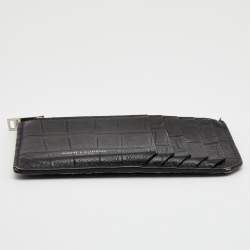 Saint Laurent Black Croc Embossed Leather Card Holder