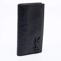 Saint Laurent Black Croc Embossed Leather Cassandre Long Wallet