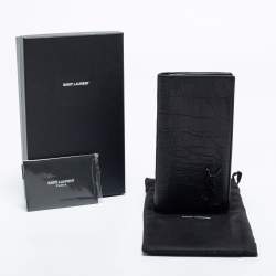 Saint Laurent Black Croc Embossed Leather Cassandre Long Wallet