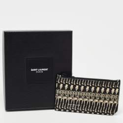 Saint Laurent Black/White Grain Skeleton Print Leather Zip Card Holder