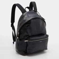 Saint Laurent Black Croc Embossed Leather and Canvas City Backpack