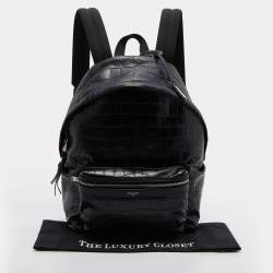 Saint Laurent Black Croc Embossed Leather and Canvas City Backpack