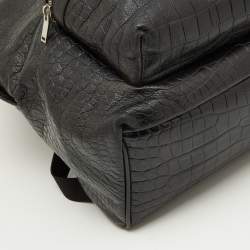 Saint Laurent Black Croc Embossed Leather and Canvas City Backpack