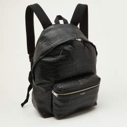 Saint Laurent Black Croc Embossed Leather and Canvas City Backpack