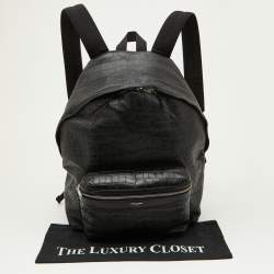 Saint Laurent Black Croc Embossed Leather and Canvas City Backpack