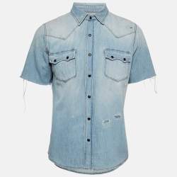 Saint Laurent Blue Distressed Denim Shirt M