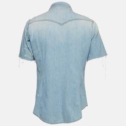 Saint Laurent Blue Distressed Denim Shirt M
