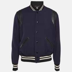 Saint Laurent Blue/Black Leather Trim Wool Bomber Jacket L