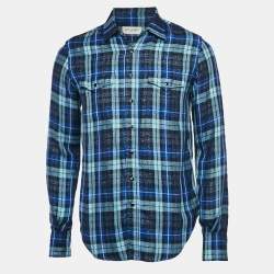 Saint Laurent Blue/Metallic Lurex Plaid Flannel Shirt L