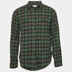 Pre Owned Saint Laurent Paris Green Checked Cotton Raw Edge Shirt XS