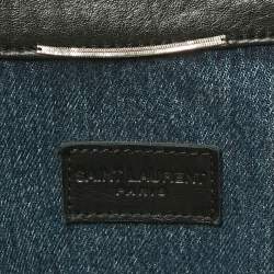 Pre Owned Saint Laurent Blue Washed Denim Collar Leather Trimmed Jacket L