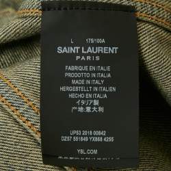 Pre Owned Saint Laurent Blue Washed Denim Collar Leather Trimmed Jacket L