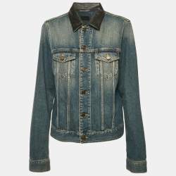 Saint Laurent Blue Washed Denim Collar Leather Trimmed Jacket L