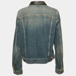 Pre Owned Saint Laurent Blue Washed Denim Collar Leather Trimmed Jacket L