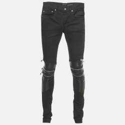 Pre Owned Saint Laurent Paris Black Denim and Leather Trim Jeans M Waist 32"