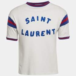 Pre Owned تي شيرت سان لوران باريس ياقة دائرية جيرسي زينة شعار أبيض مقاس وسط (ميديوم)