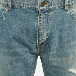 Pre Owned Saint Laurent Blue Distressed Denim Low Waist Jeans XL