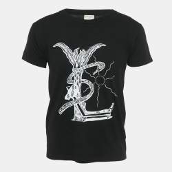 Pre Owned Saint Laurent Black Printed Jersey Crewneck T-Shirt XS