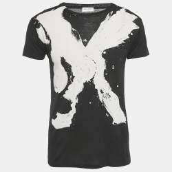 Pre Owned Saint Laurent Paris Black Printed Cotton Crewneck T-Shirt XS 
