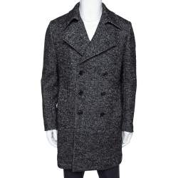 Saint Laurent Paris Monochrome Chevron Tweed Double Breasted Pea Coat L 