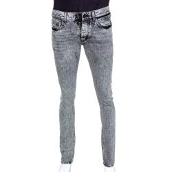 Saint Laurent Paris Grey Acid Wash Denim Embroidered Logo Slim Fit Jeans M 