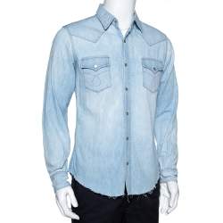 Pre Owned Saint Laurent Paris Light Blue Denim Frayed Hem Shirt M