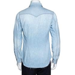 Pre Owned Saint Laurent Paris Light Blue Denim Frayed Hem Shirt M