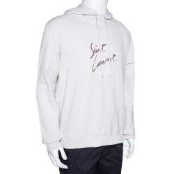 Pre Owned Saint Laurent Paris Washed Out Ecru Distressed Knit Animalier Signature Print Hoodie L