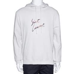 Pre Owned Saint Laurent Paris Washed Out Ecru Distressed Knit Animalier Signature Print Hoodie L
