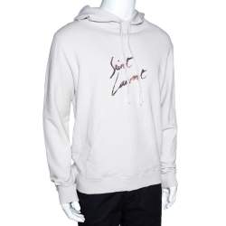 Pre Owned Saint Laurent Paris Dirty Ecru Cotton Distressed Signature Logo Hoodie M