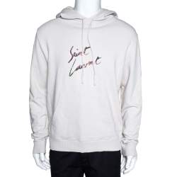 Pre Owned Saint Laurent Paris Dirty Ecru Cotton Distressed Signature Logo Hoodie M