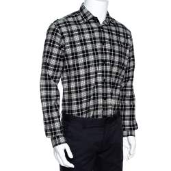 Pre Owned Saint Laurent Paris Monochrome Checked Cotton & Wool Distressed Shirt M