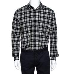 Pre Owned Saint Laurent Paris Monochrome Checked Cotton & Wool Distressed Shirt M