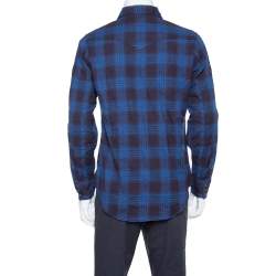 Pre Owned Saint Laurent Paris Navy Blue Plaid Flannel Long Sleeve Shirt L