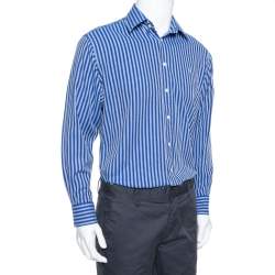 Pre Owned Yves Saint Laurent Navy Blue Striped Cotton Custom Fit Shirt M