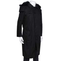 Saint Laurent Paris Black Canvas Fur Lined Hooded Parka XL