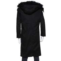 Saint Laurent Paris Black Canvas Fur Lined Hooded Parka XL
